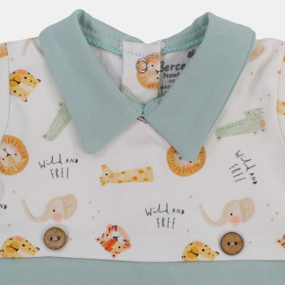 Baby Boys Cotton Romper – Off-White & Mint with Animal Print