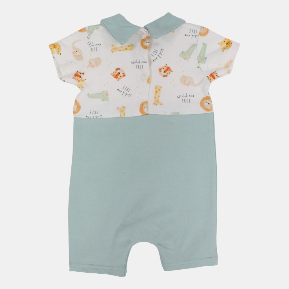 Baby Boys Cotton Romper – Off-White & Mint with Animal Print