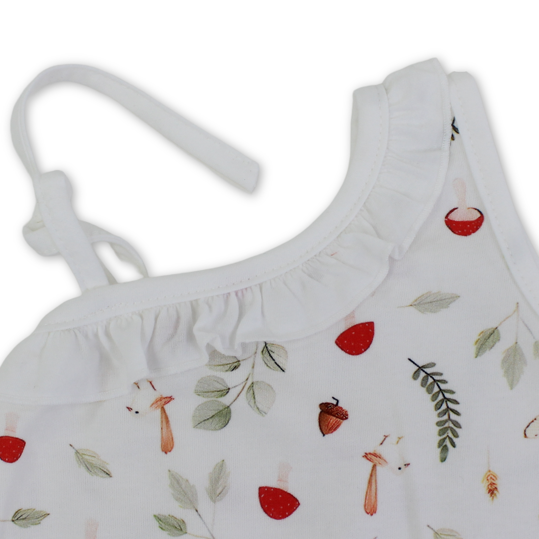 Baby Girls Cotton Romper – Off-White with Mushroom & Leaves Print
