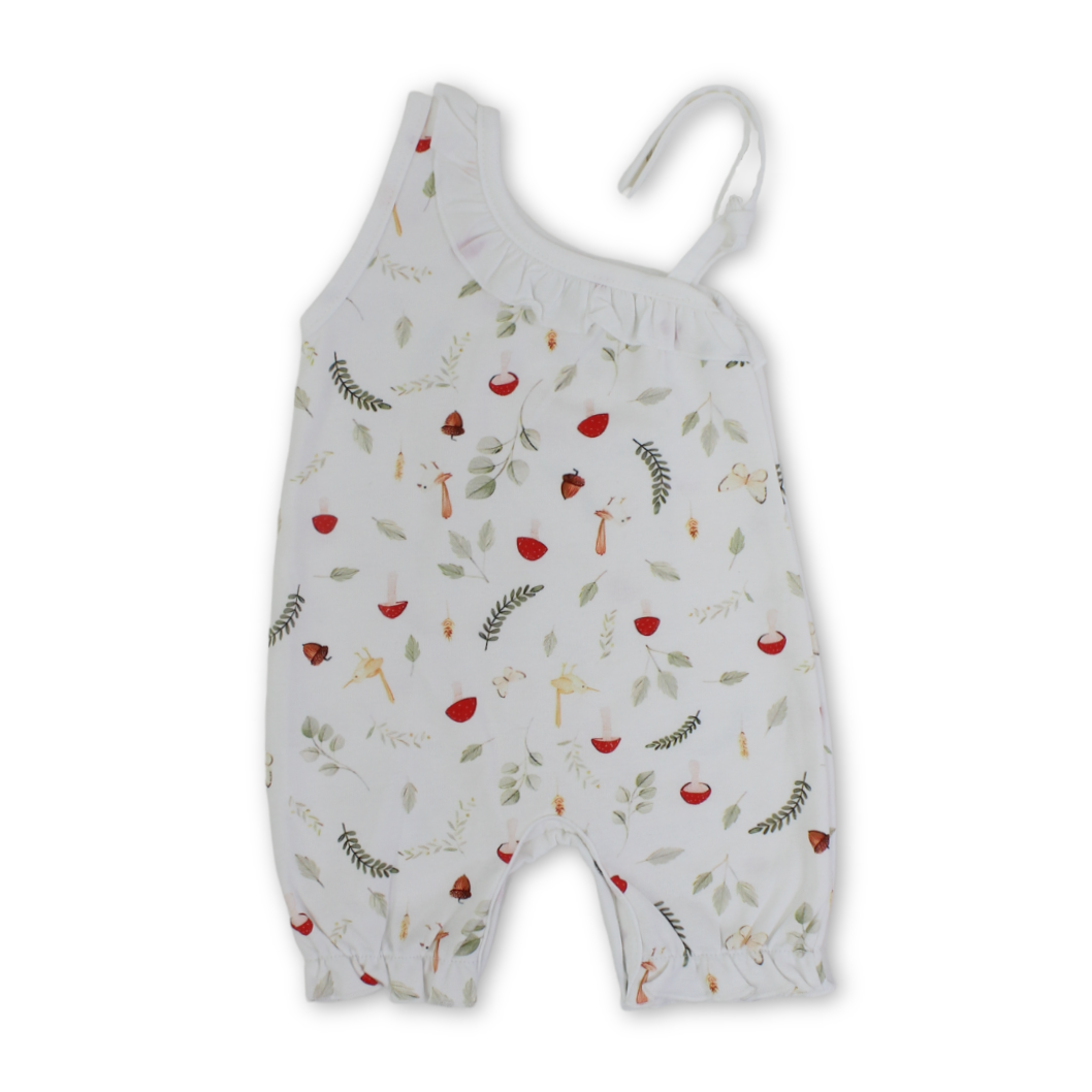 Baby Girls Cotton Romper – Off-White with Mushroom & Leaves Print