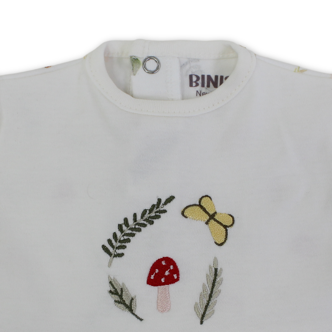 Baby Girls Cotton Romper – Off-White with Mushroom Embroidery