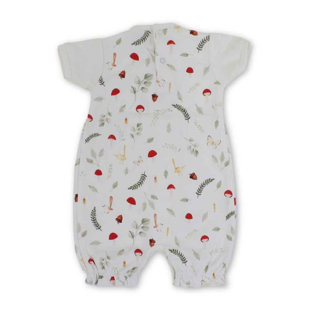Baby Girls Cotton Romper – Off-White with Mushroom Embroidery