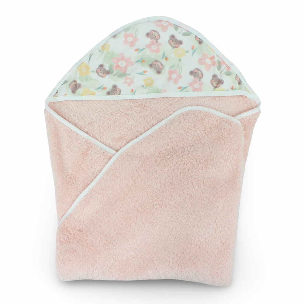 Fur Baby Blanket – Pink with Flowers & Cute Bear Print - Baby Essentials - Berceau