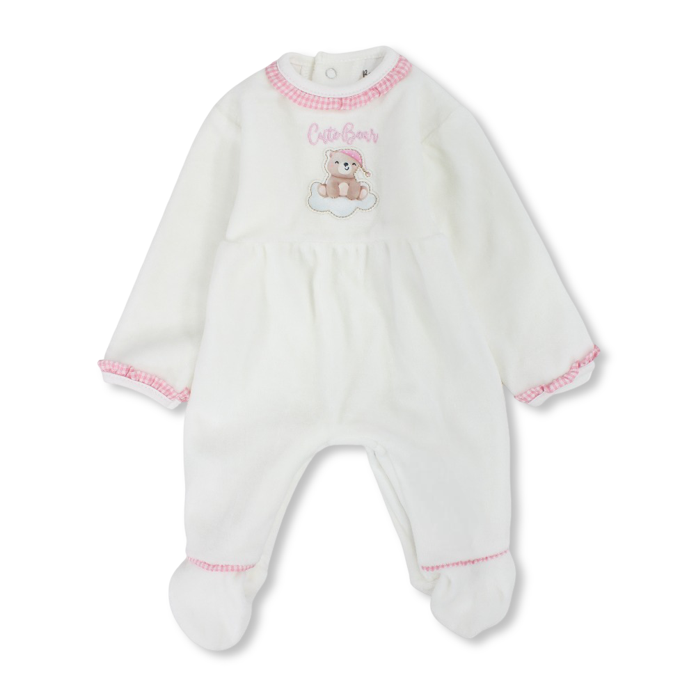 Baby Girls Velvet Baby Footie – Off-White with Cute Bear Design