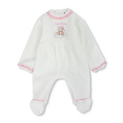 Baby Girls Velvet Baby Footie – Off-White with Cute Bear Design