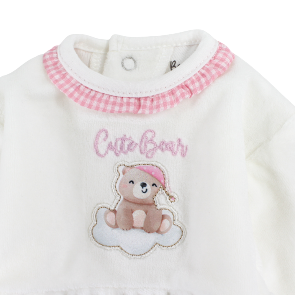 Baby Girls Velvet Baby Footie – Off-White with Cute Bear Design