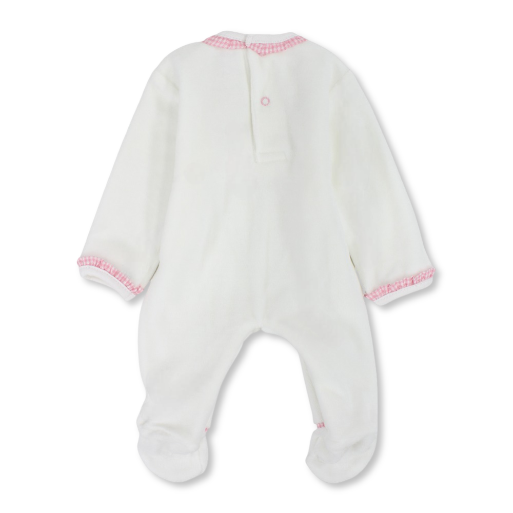 Baby Girls Velvet Baby Footie – Off-White with Cute Bear Design
