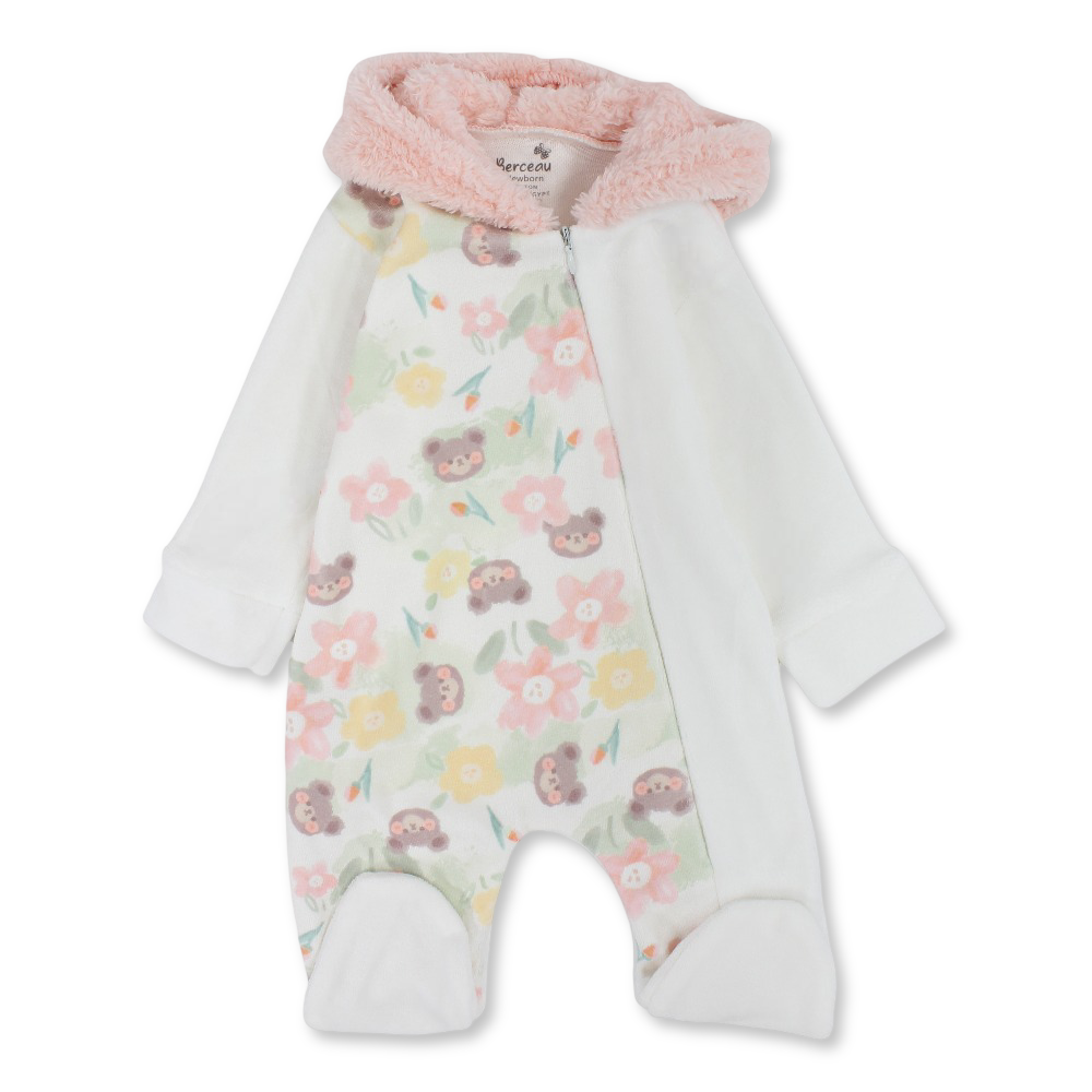 Baby Girls Velvet Hooded Baby Footie – Off-White with Flowers Bear Heads Design