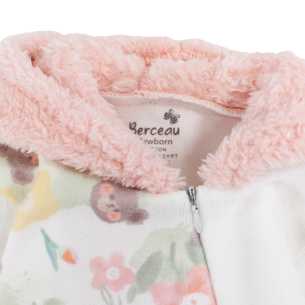 Baby Girls Velvet Hooded Baby Footie – Off-White with Flowers Bear Heads Design