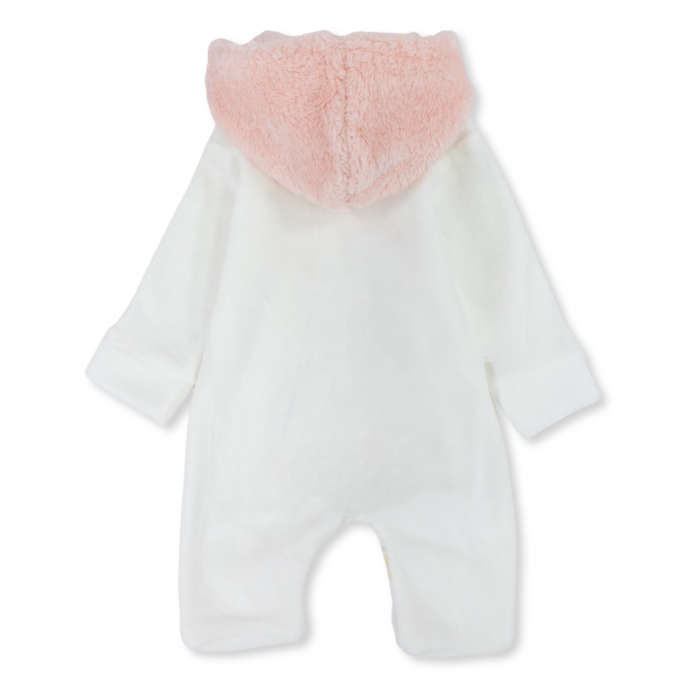 Baby Girls Velvet Hooded Baby Footie – Off-White with Flowers Bear Heads Design