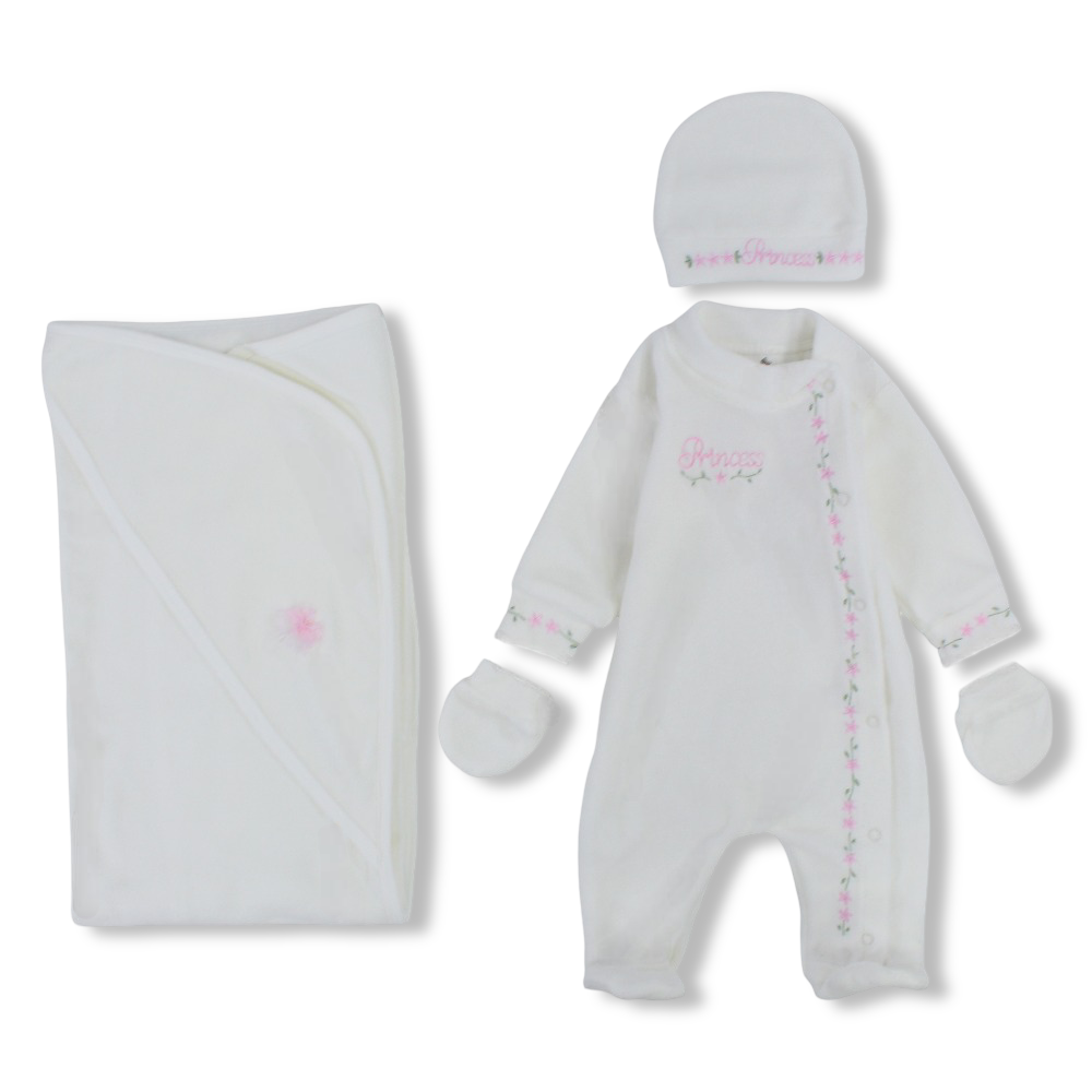 Baby Girls Velvet Baby Footie + Blanket + Beanie & Mittens – Off White with “Princess” Design
