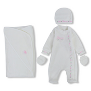 Baby Girls Velvet Baby Footie + Blanket + Beanie & Mittens – Off White with “Princess” Design