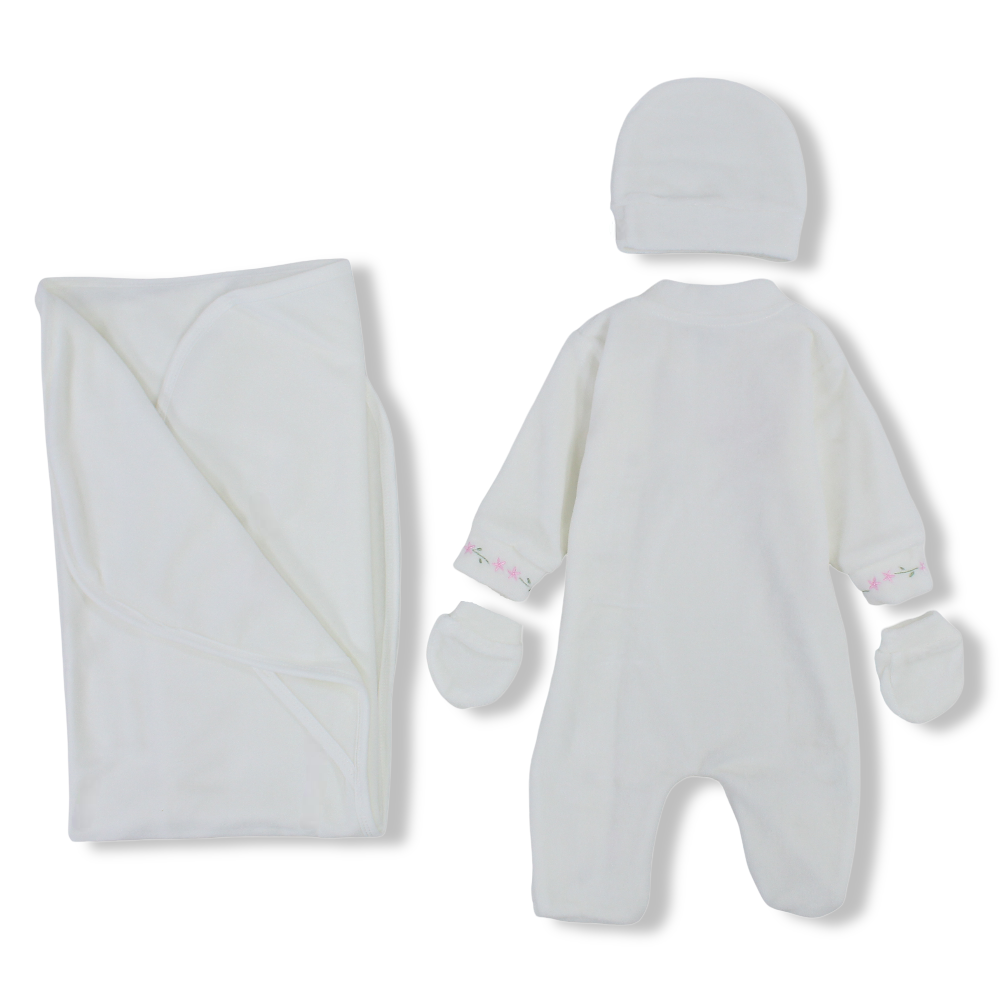 Baby Girls Velvet Baby Footie + Blanket + Beanie & Mittens – Off White with “Princess” Design