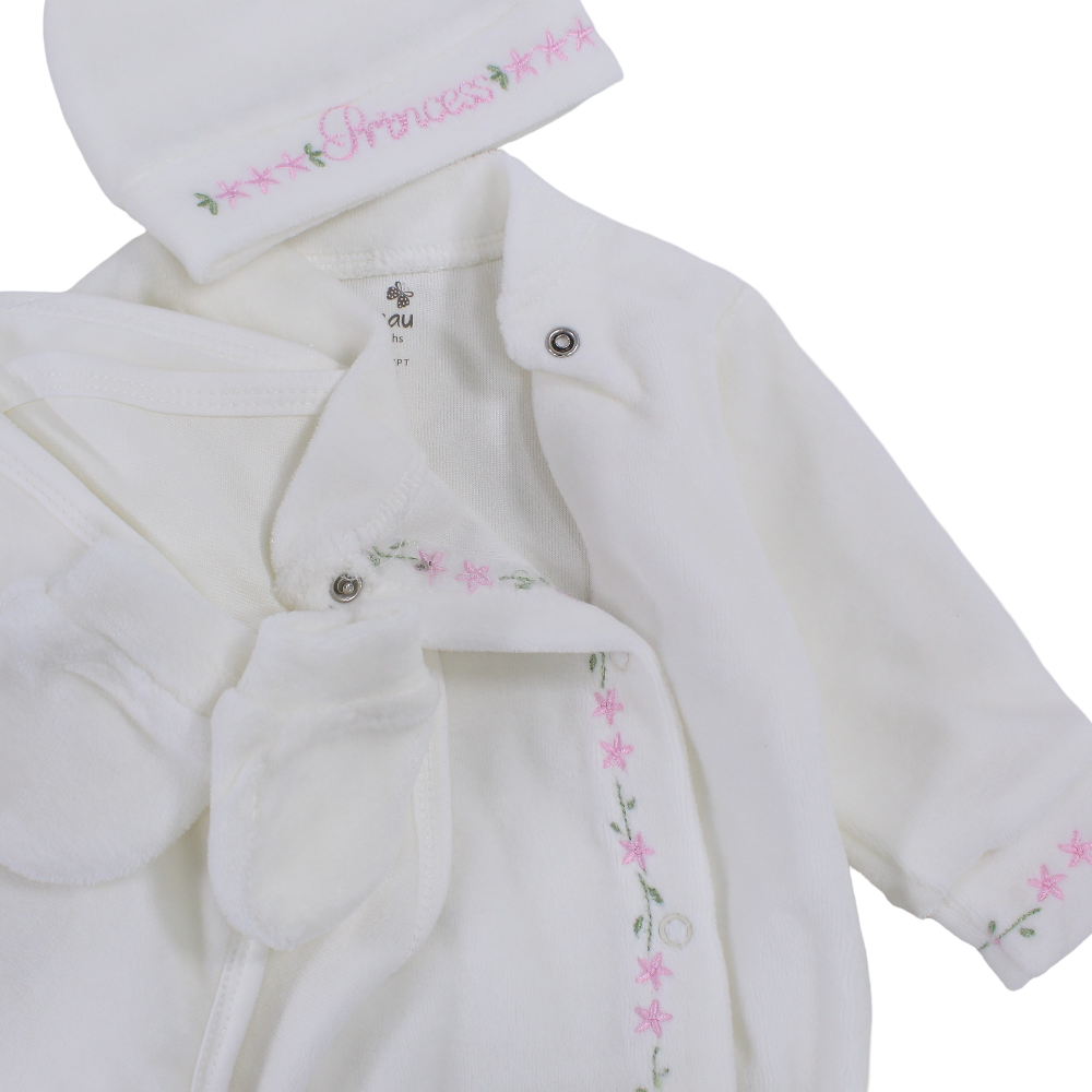 Baby Girls Velvet Baby Footie + Blanket + Beanie & Mittens – Off White with “Princess” Design