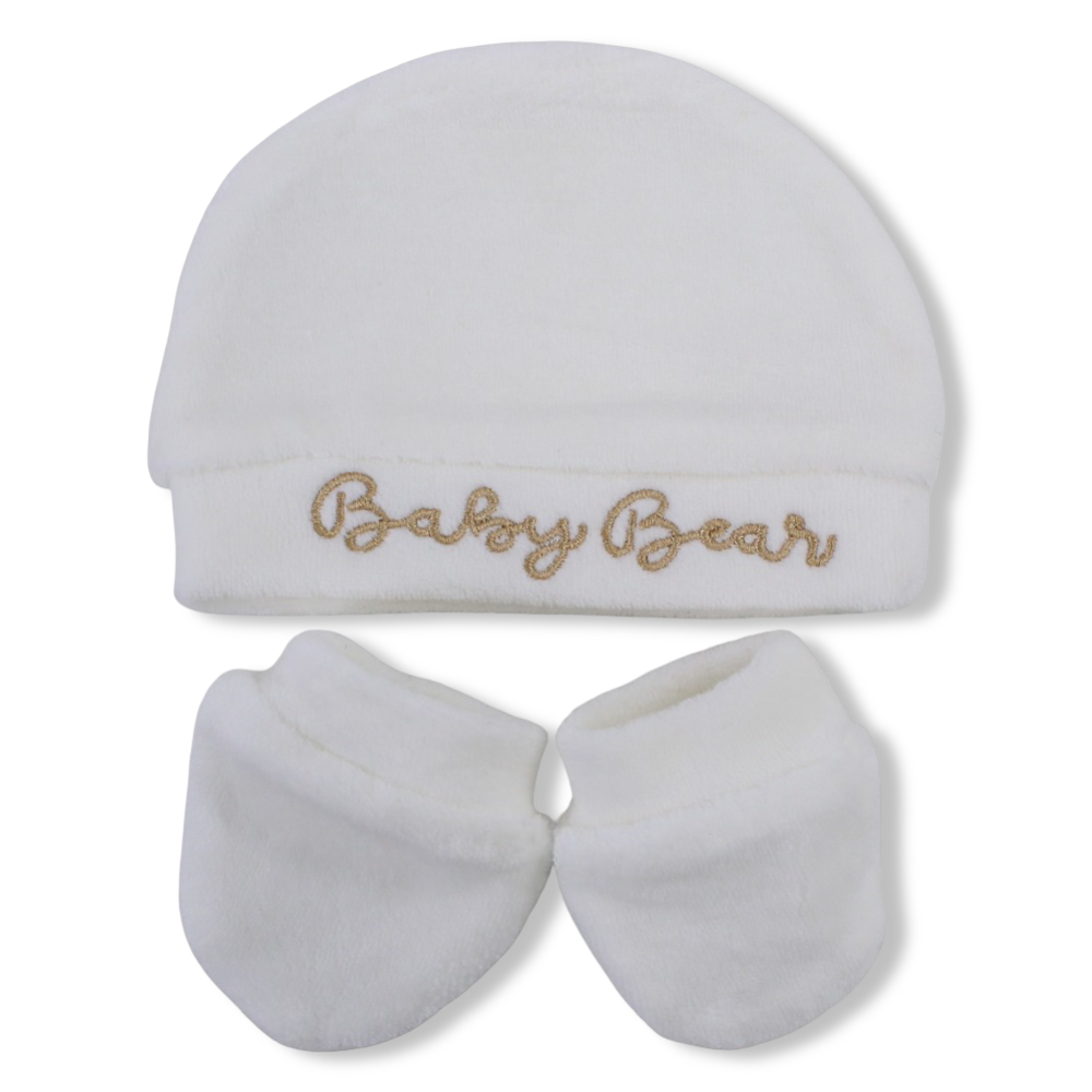 Unisex Velvet Set (Beanie + Hand Mittens) – Off-White with “Baby Bear” Embroidery
