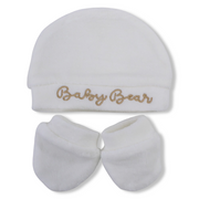 Unisex Velvet Set (Beanie + Hand Mittens) – Off-White with “Baby Bear” Embroidery