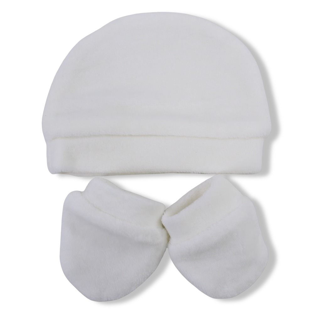 Unisex Velvet Set (Beanie + Hand Mittens) – Off-White with “Baby Bear” Embroidery