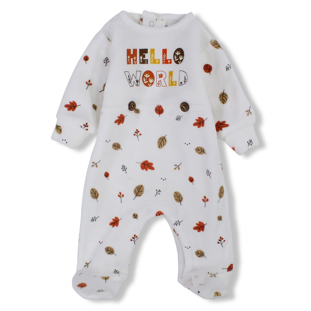 Unisex Baby Velvet Baby Footie  – Off-White with “Hello World” Print