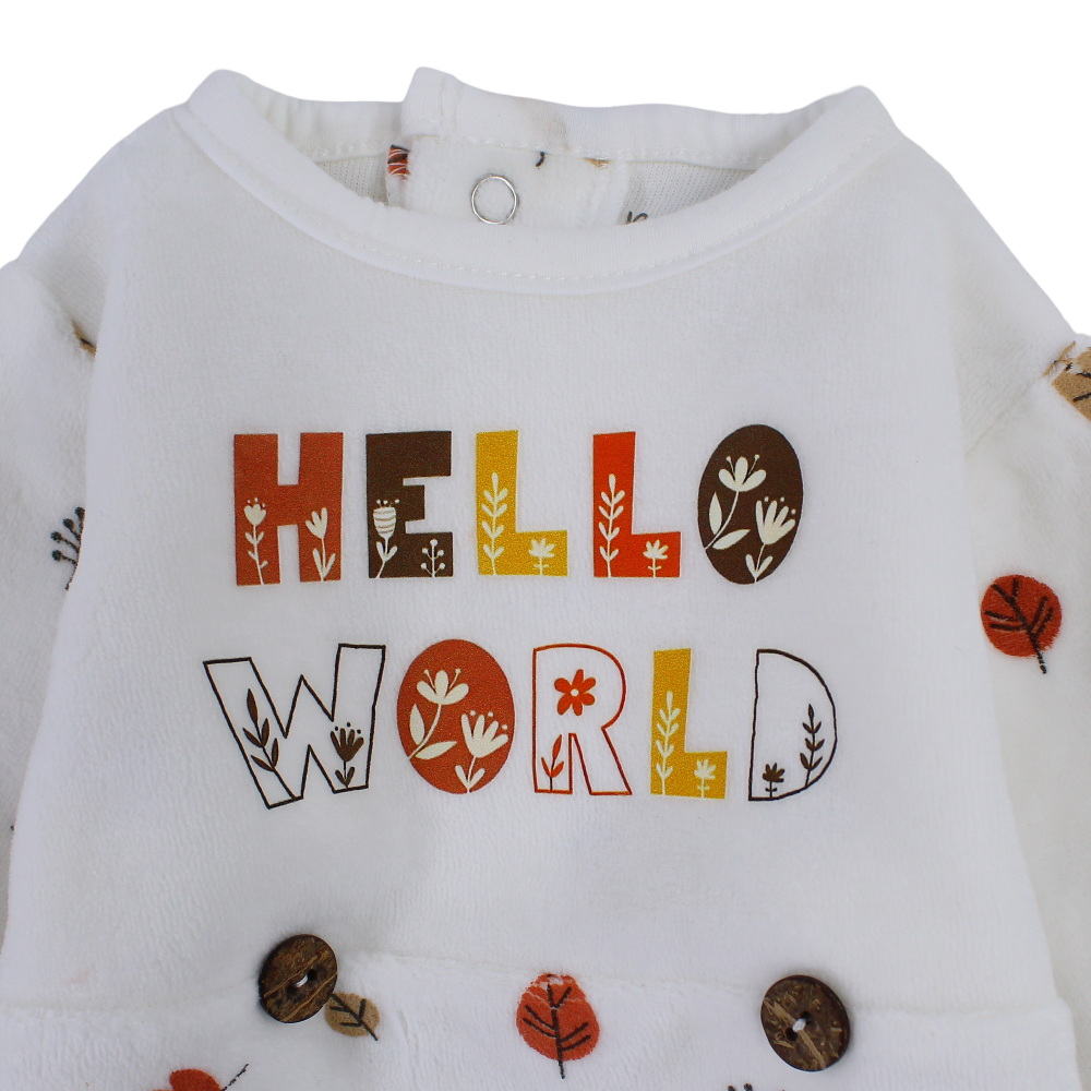Unisex Baby Velvet Baby Footie  – Off-White with “Hello World” Print