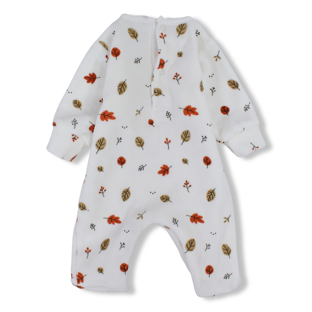 Unisex Baby Velvet Baby Footie  – Off-White with “Hello World” Print