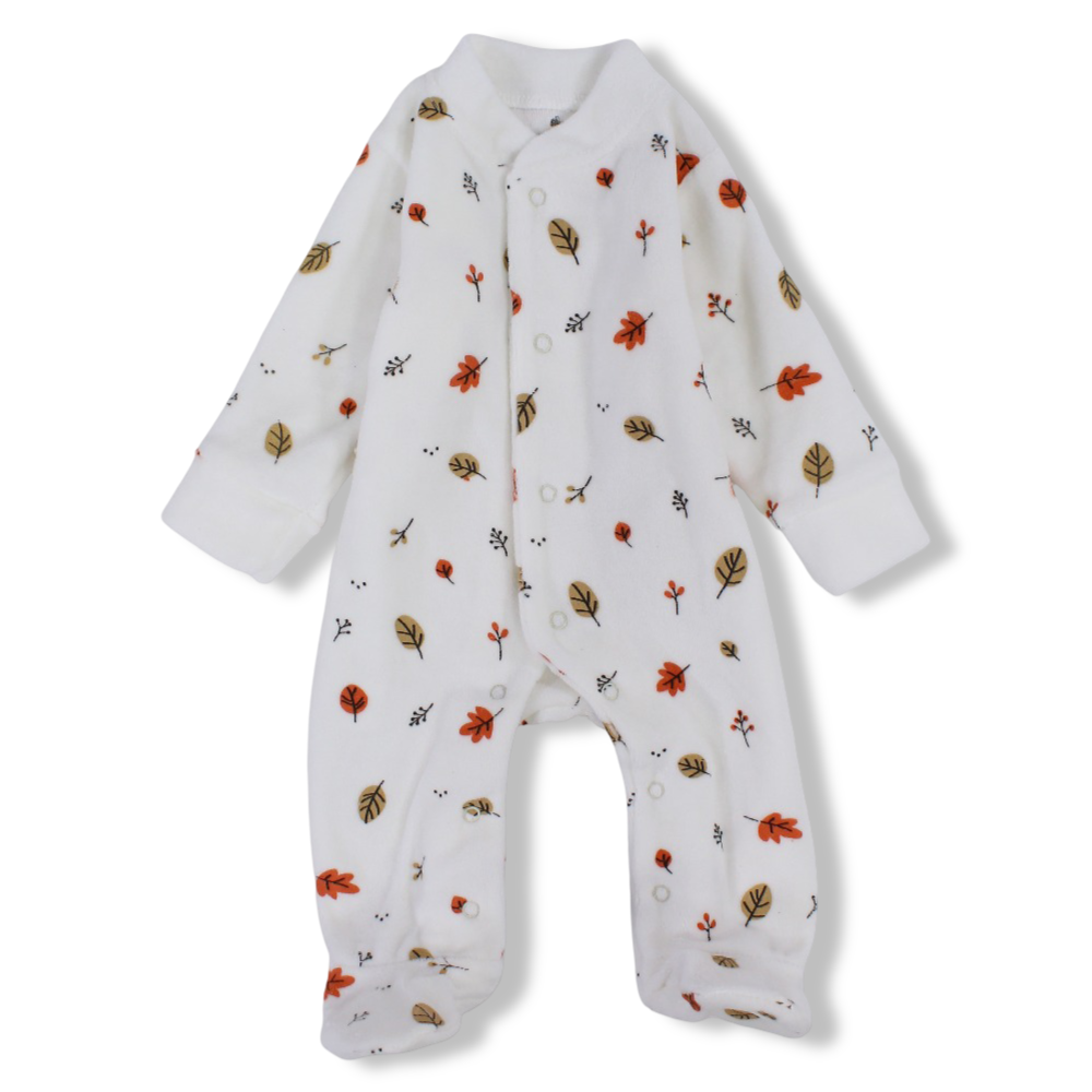 Unisex Baby Velvet Baby Footie – Off-White with Leaves Print