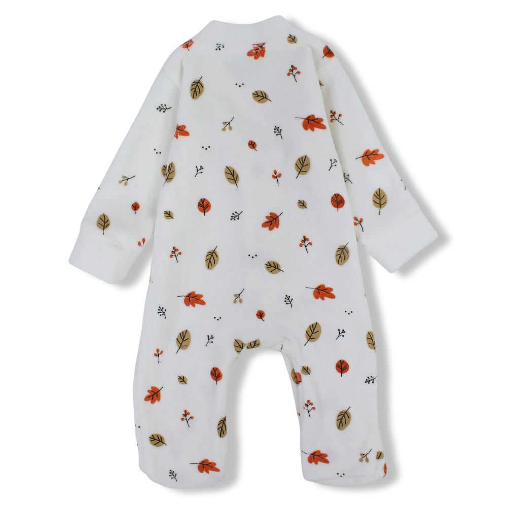Unisex Baby Velvet Baby Footie – Off-White with Leaves Print