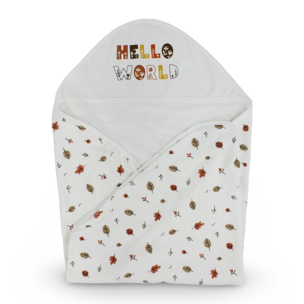 Velvet Baby Blanket – Off-White/Beige with “Hello World” Design