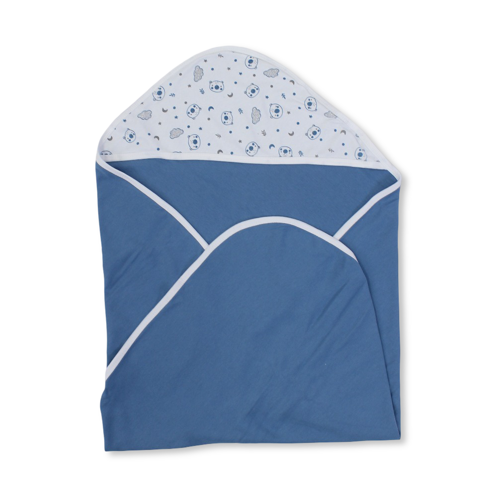 Cotton Baby Blanket – Off-White & Indigo with "Cute Teddy" Print