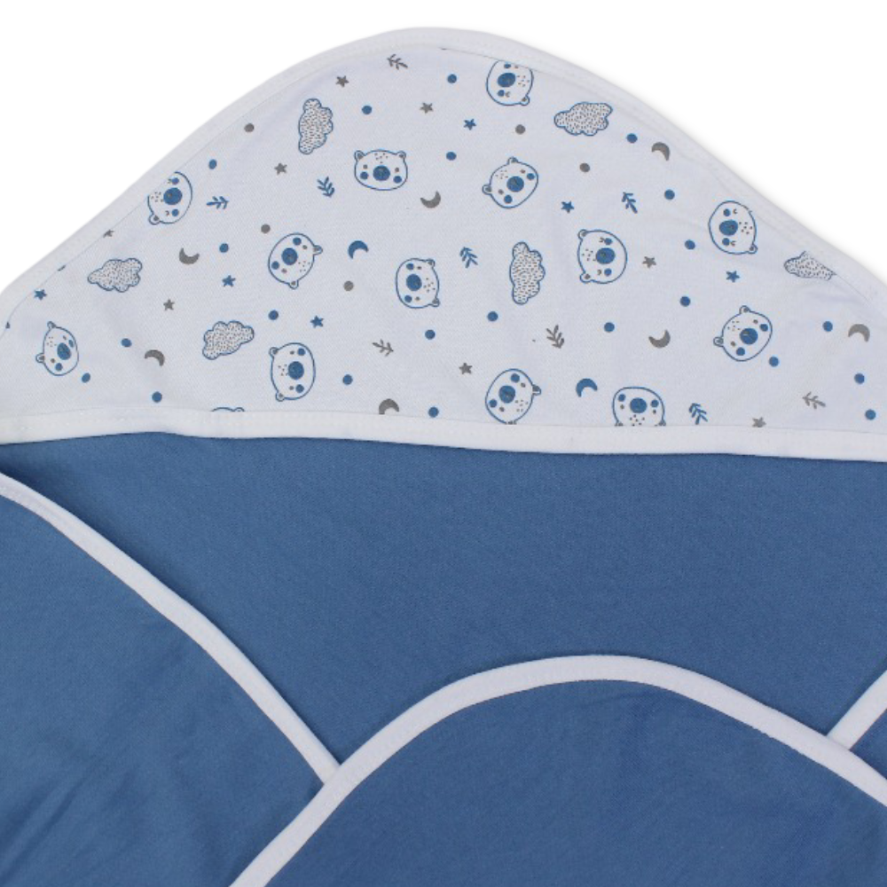 Cotton Baby Blanket – Off-White & Indigo with "Cute Teddy" Print