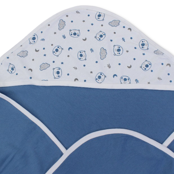 Cotton Baby Blanket – Off-White & Indigo with "Cute Teddy" Print