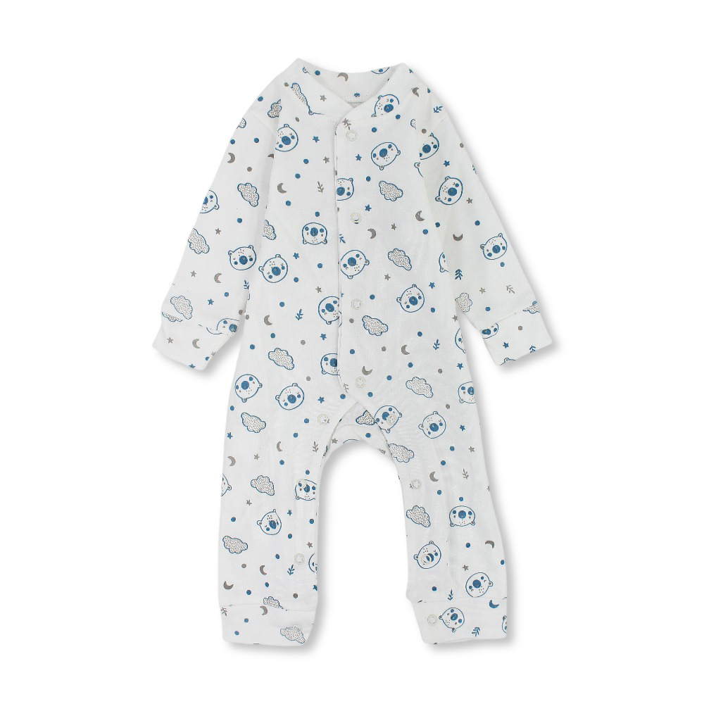 Baby Boys Cotton Footless Onesie – Off-White with Teddy Bear Print