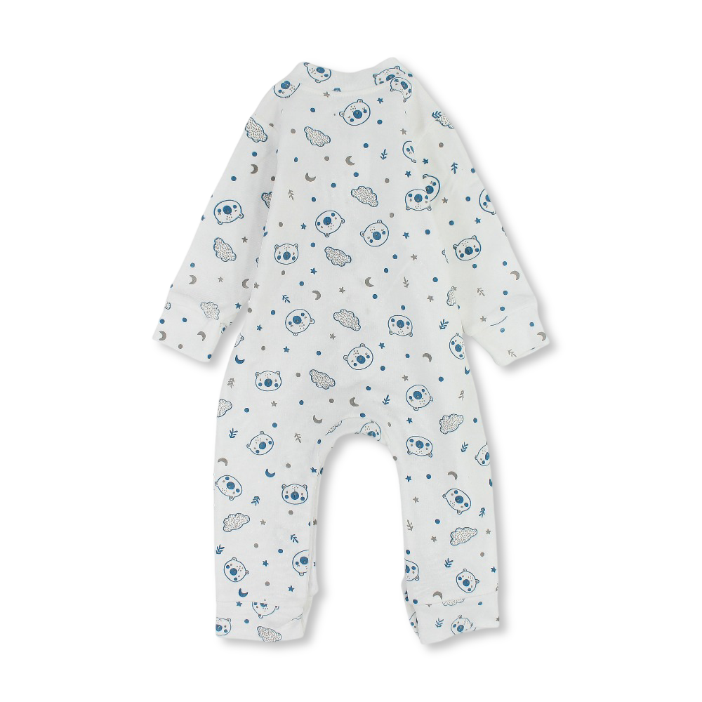 Baby Boys Cotton Footless Onesie – Off-White with Teddy Bear Print