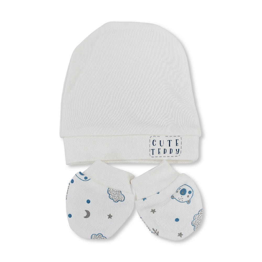 Baby Boys Cotton (Beanie + Hand Mittens) Set – Off-White with "Cute Teddy" Print