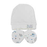 Baby Boys Cotton (Beanie + Hand Mittens) Set – Off-White with "Cute Teddy" Print