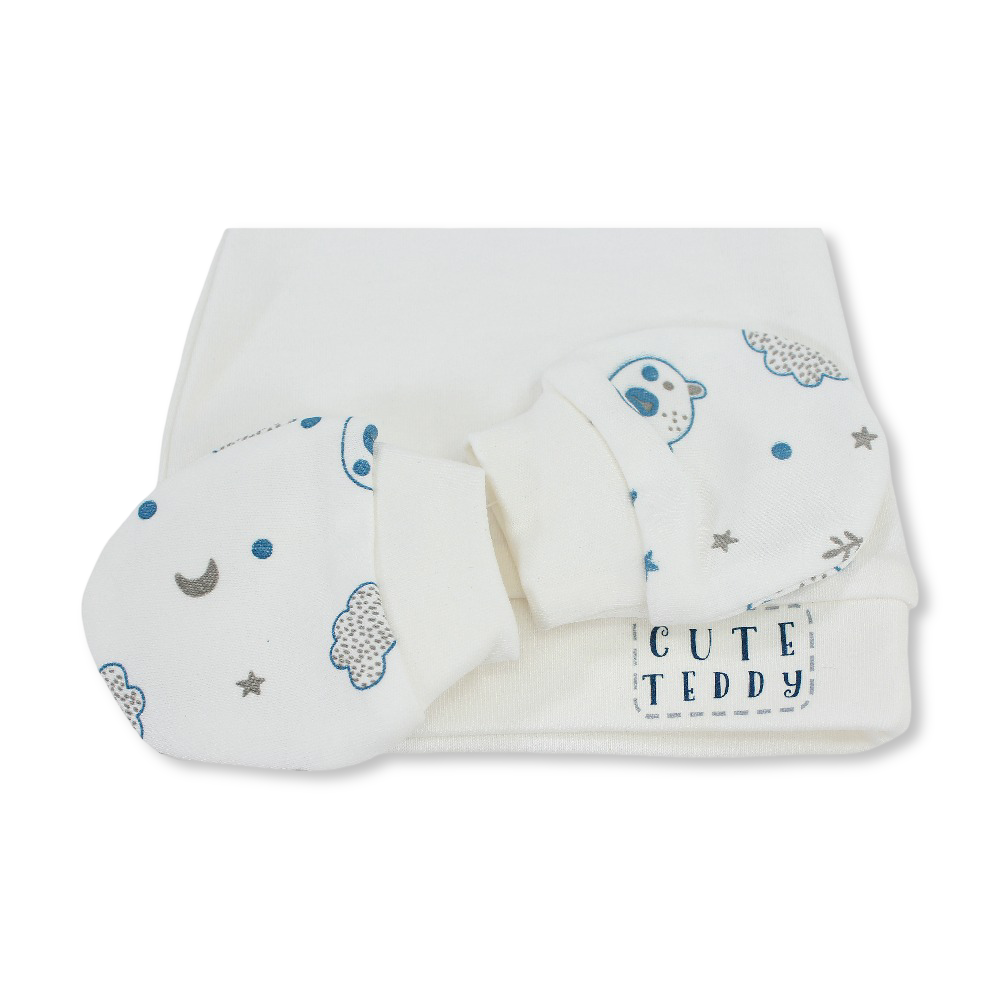 Baby Boys Cotton (Beanie + Hand Mittens) Set – Off-White with "Cute Teddy" Print