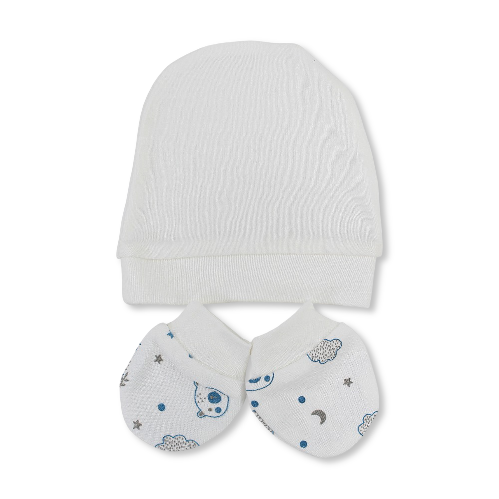 Baby Boys Cotton (Beanie + Hand Mittens) Set – Off-White with "Cute Teddy" Print