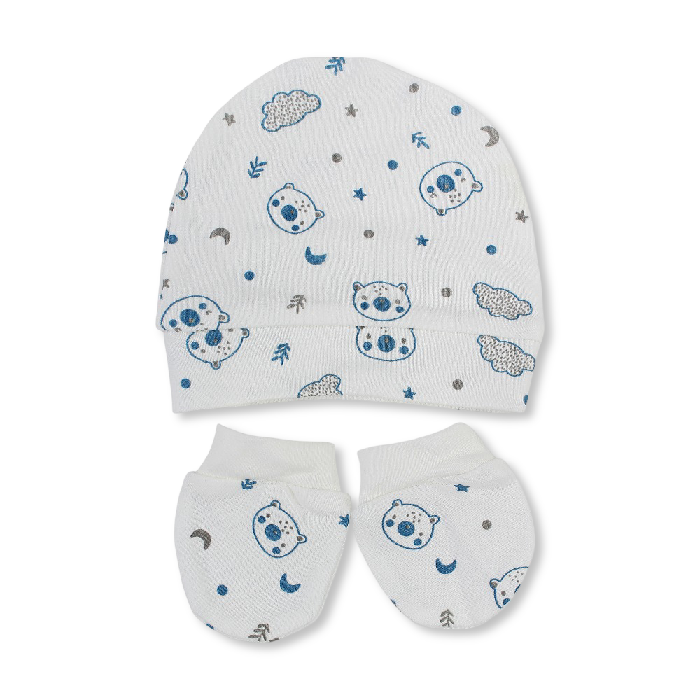 Baby Boys Cotton (Beanie + Hand Mittens) Set – Off-White with "Cute Teddy" Print