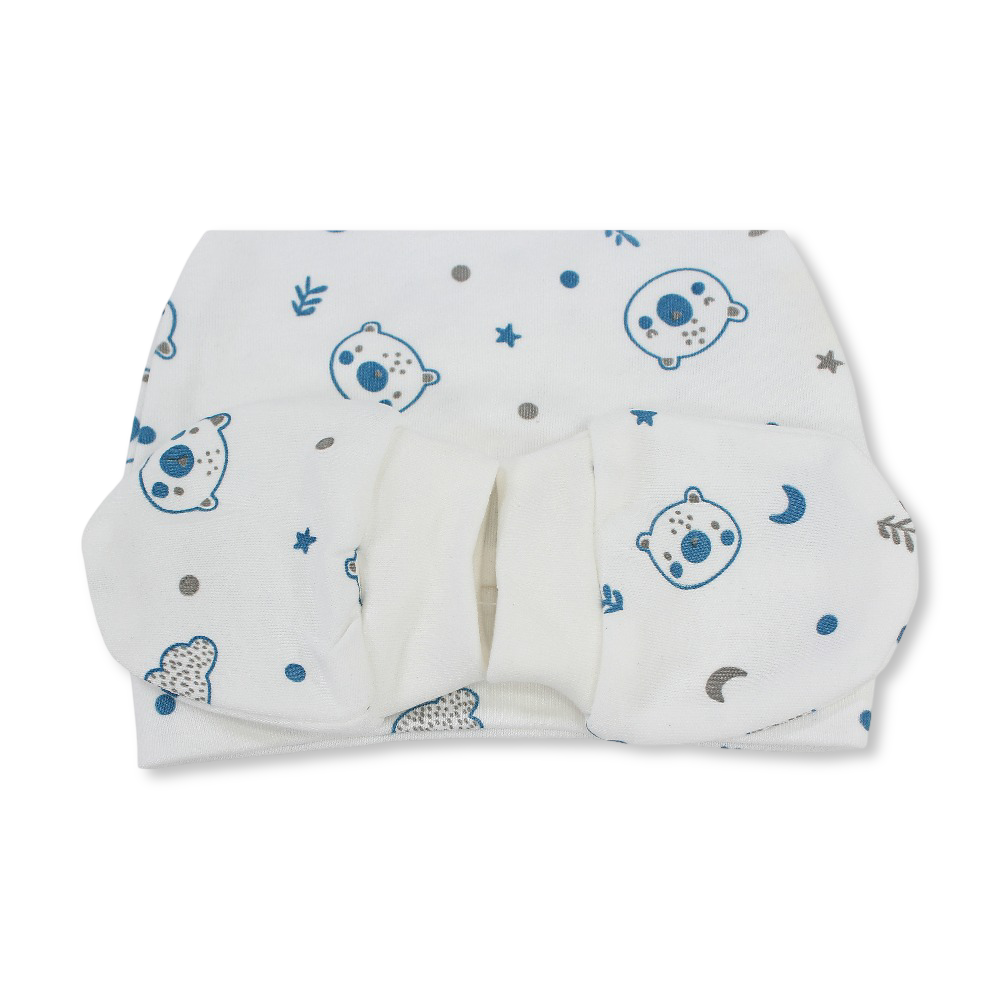 Baby Boys Cotton (Beanie + Hand Mittens) Set – Off-White with "Cute Teddy" Print