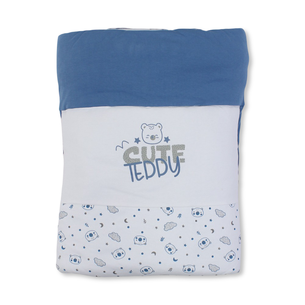 Cotton Baby Duvet – Off-White & Indigo with "Cute Teddy" Print