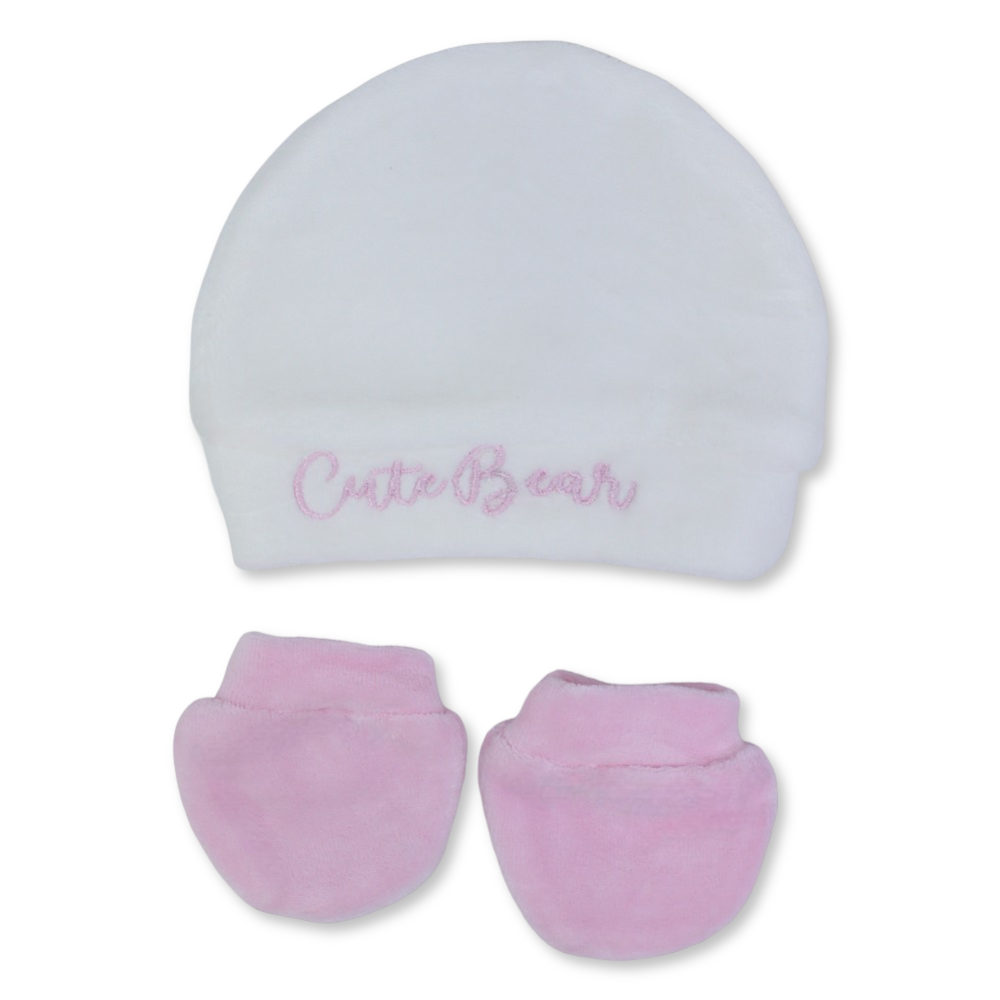 Baby Girls Cotton Soft Newborn Set – Off-White & Pink with "Cute Bear" Design (Beanie + Hand Mittens)