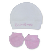 Baby Girls Cotton Soft Newborn Set – Off-White & Pink with "Cute Bear" Design (Beanie + Hand Mittens)
