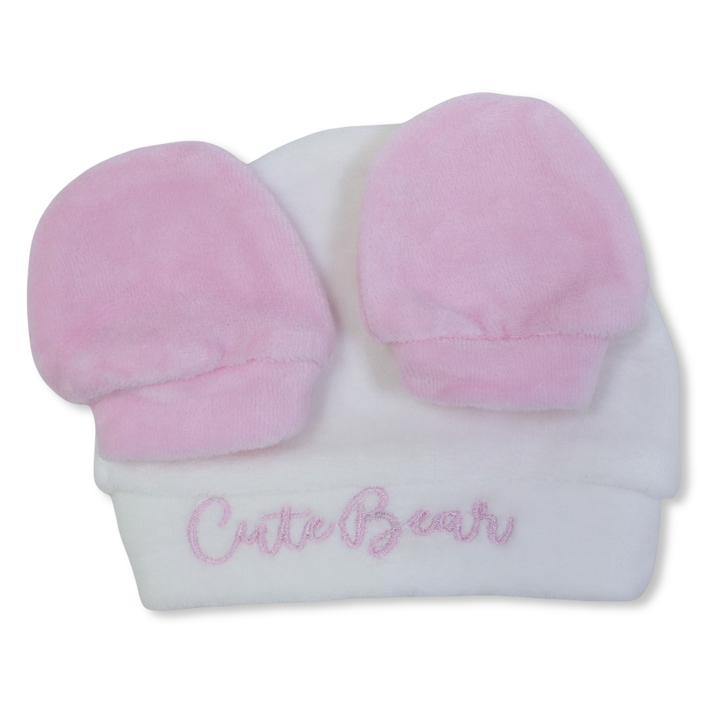 Baby Girls Cotton Soft Newborn Set – Off-White & Pink with "Cute Bear" Design (Beanie + Hand Mittens)