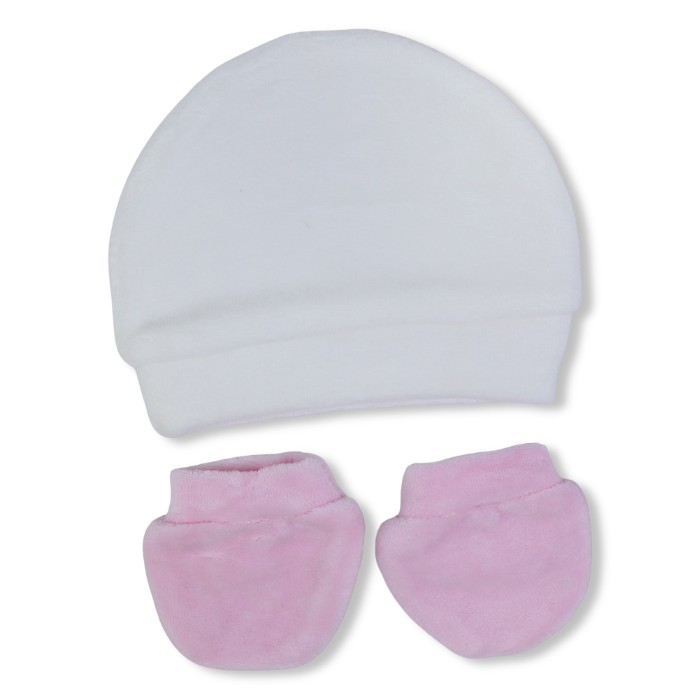 Baby Girls Cotton Soft Newborn Set – Off-White & Pink with "Cute Bear" Design (Beanie + Hand Mittens)