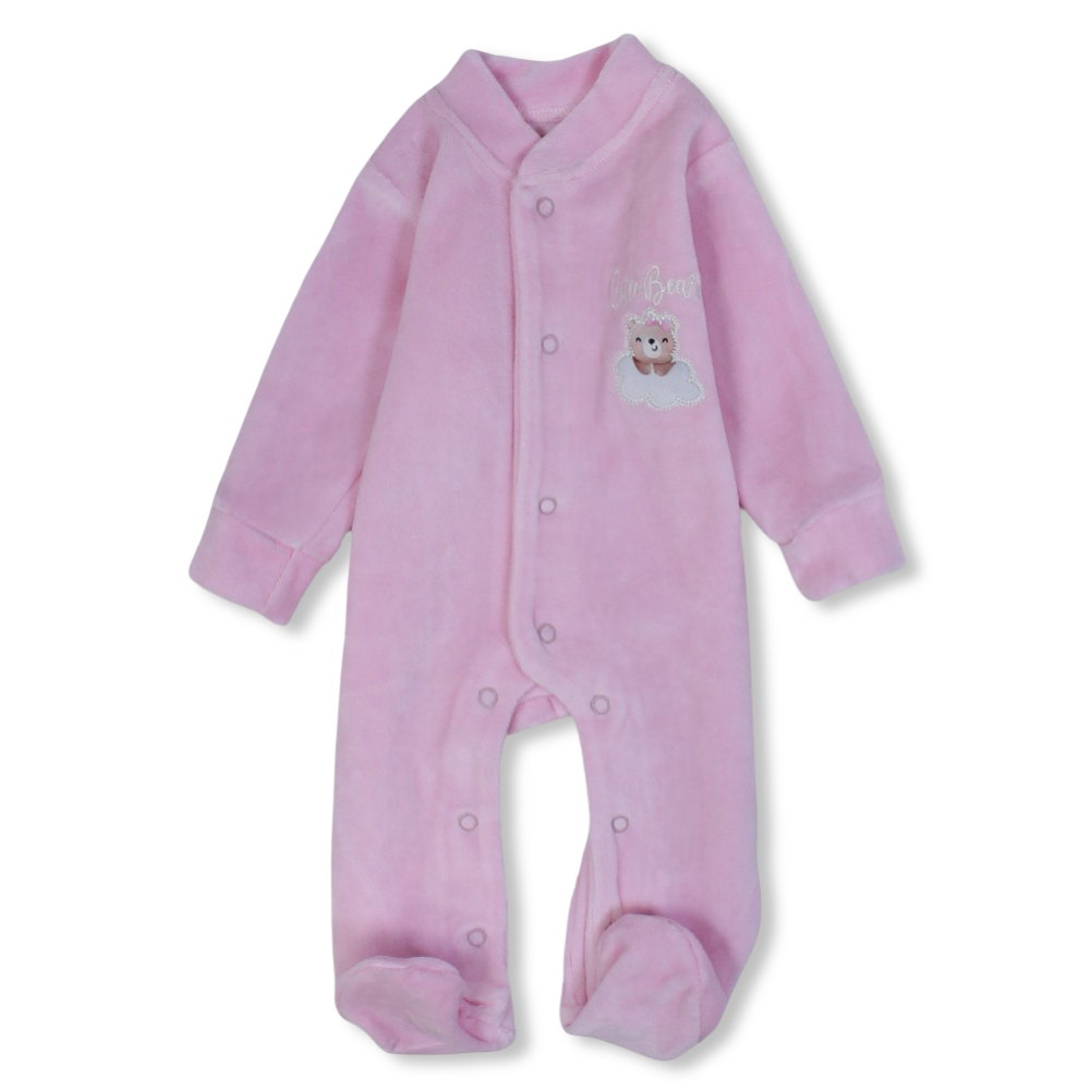 Baby Girls Velvet Baby Footie – Cute Bear Design