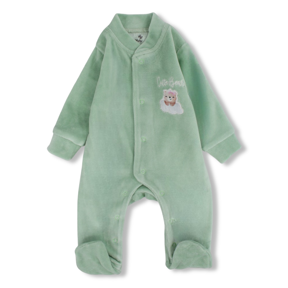 Baby Girls Velvet Baby Footie – Cute Bear Design