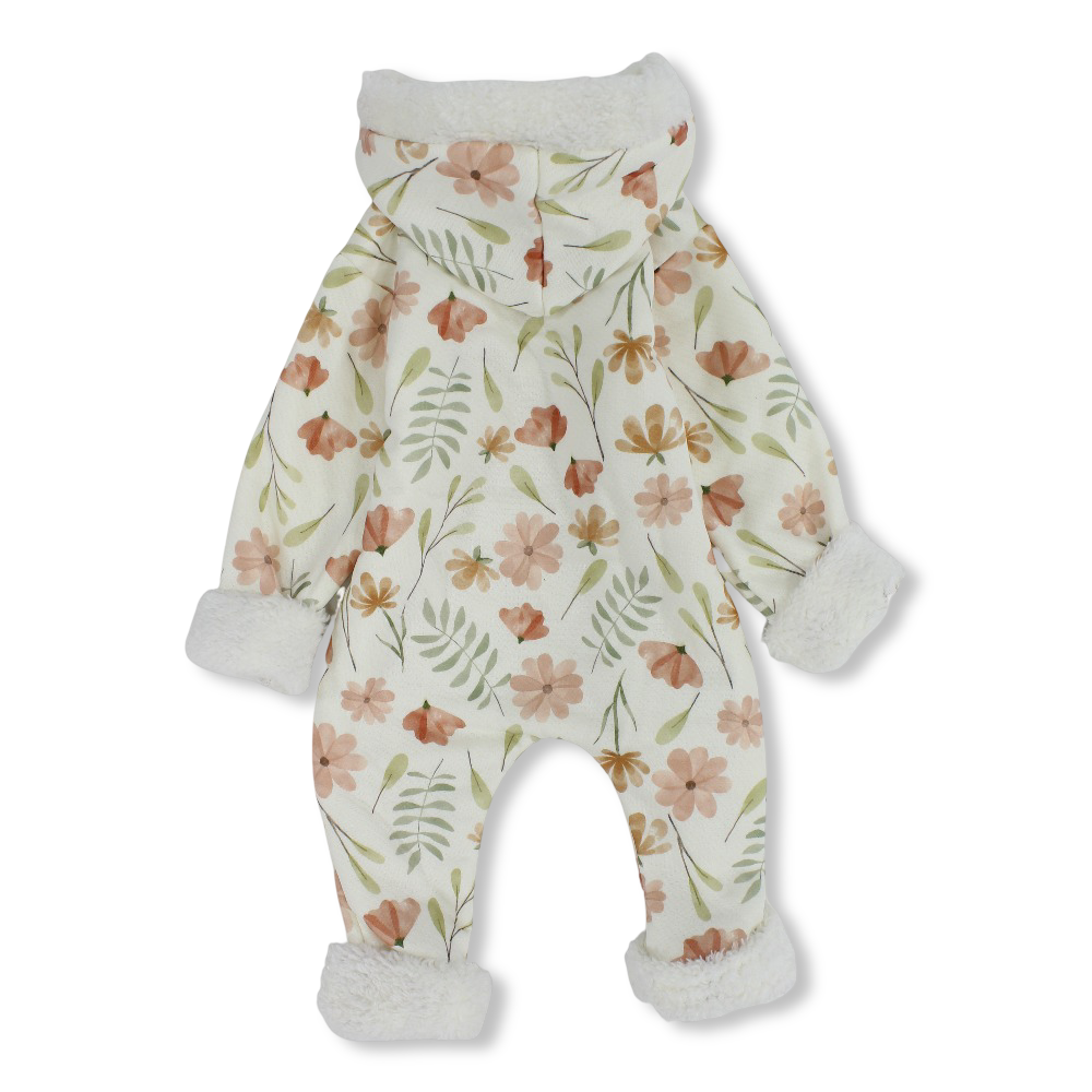 Baby Girls Fleeced Footless Onesie – Off-White with Floral Print