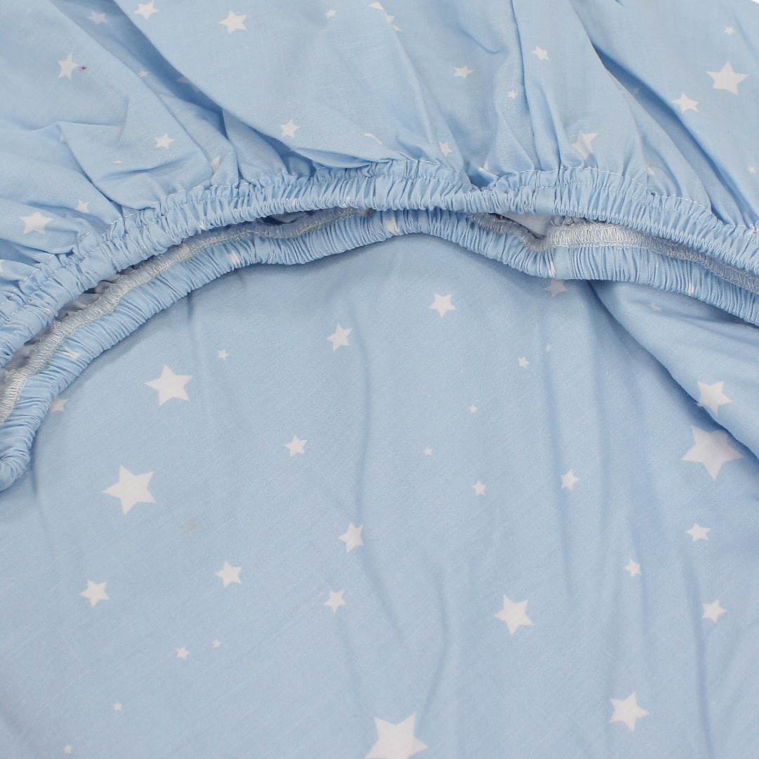 Cotton Bed Sheets Set – White & Baby Blue with Stars Print