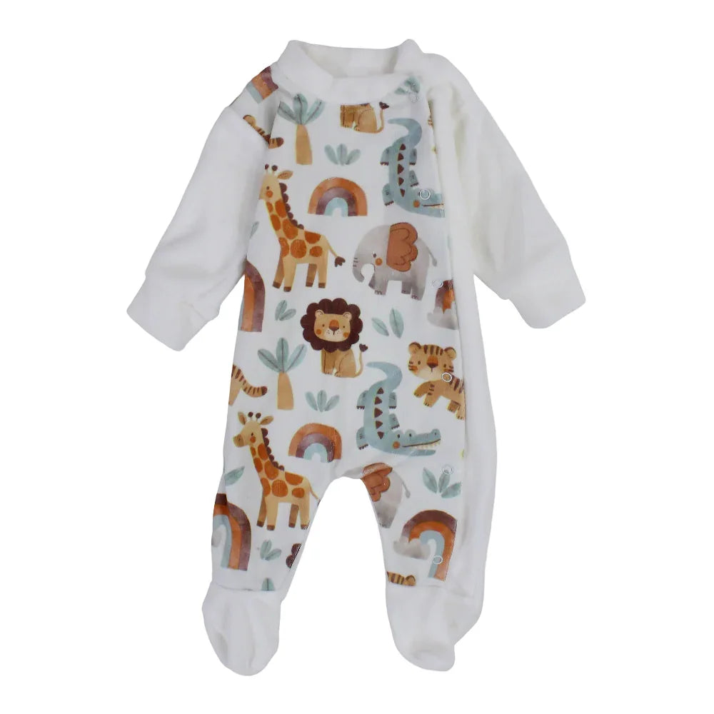Baby Boys Velvet Baby Footie – Off-White with Animals Print