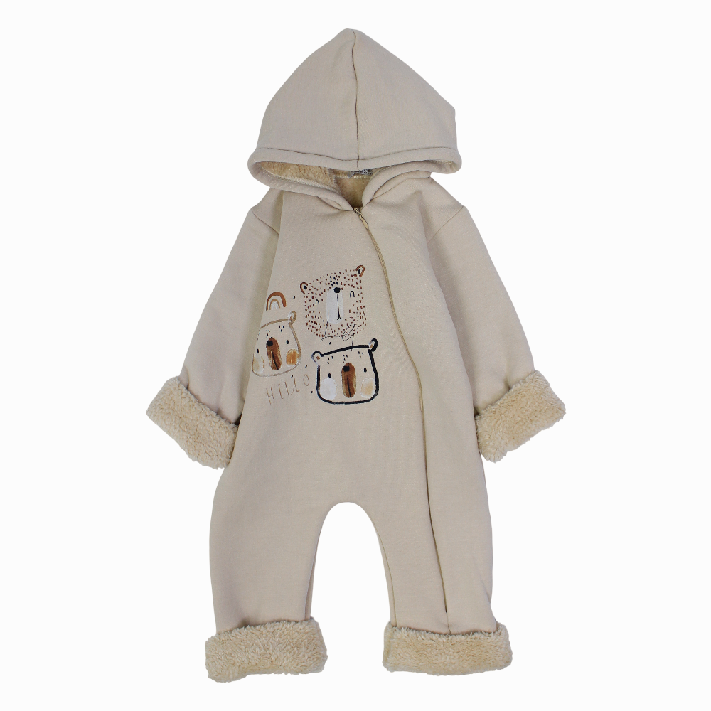Baby Boys Hooded Overall - Beige with Animals Print