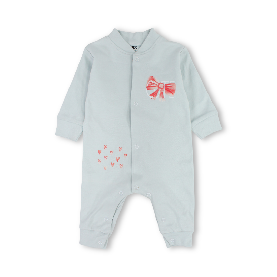 Baby Girls Cotton Footless Onesie – Baby Blue with Bow Print